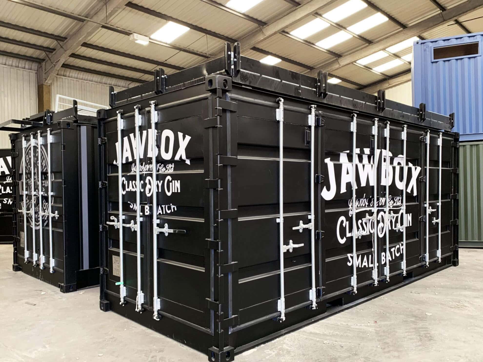 Jawbox classic dry gin - branded shipping containers.
