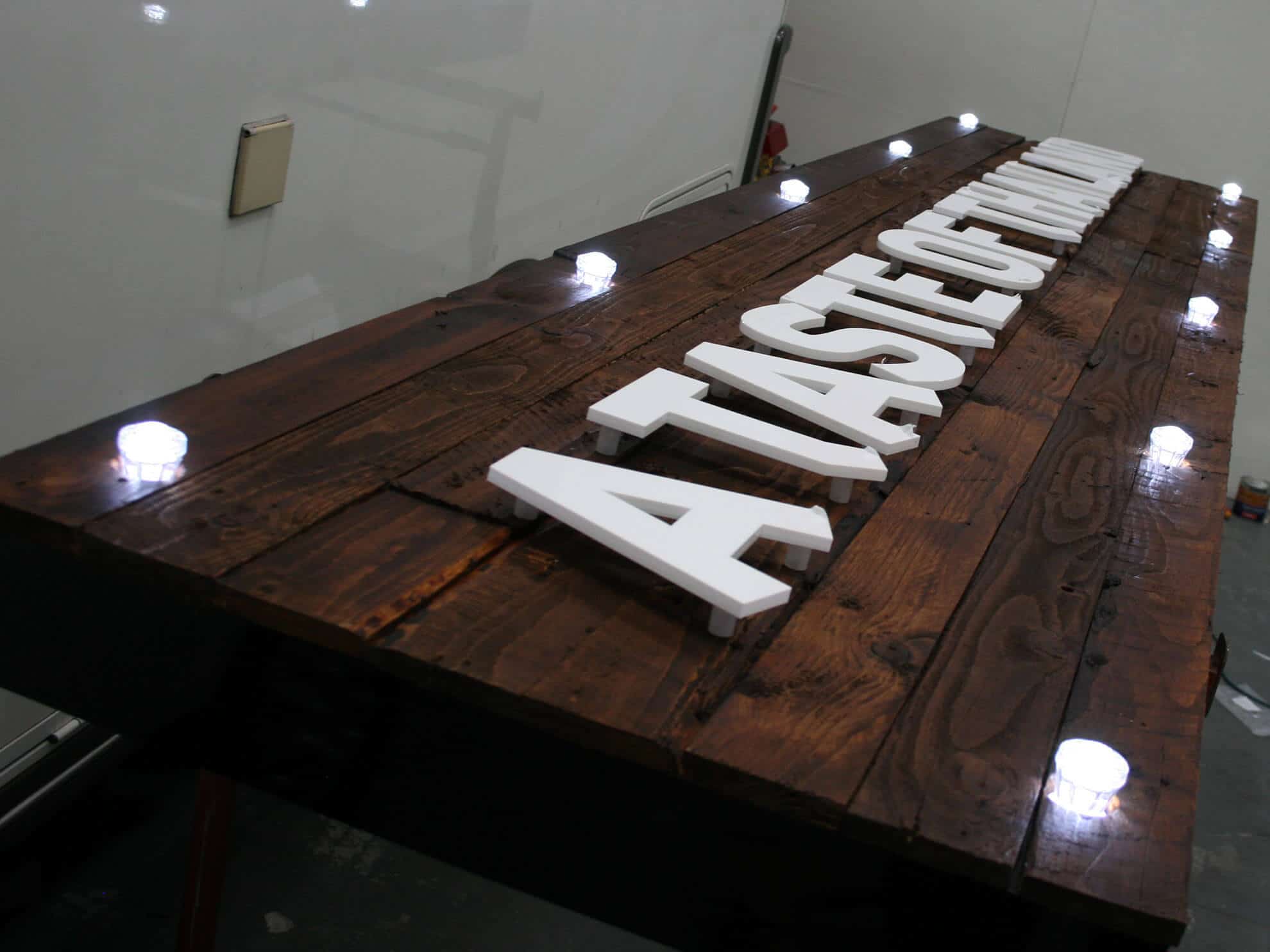 Taste of Thailand - reclaimed wood faced sign tray with traditional cabochon lights and laser cut 10mm stand off acrylic letters